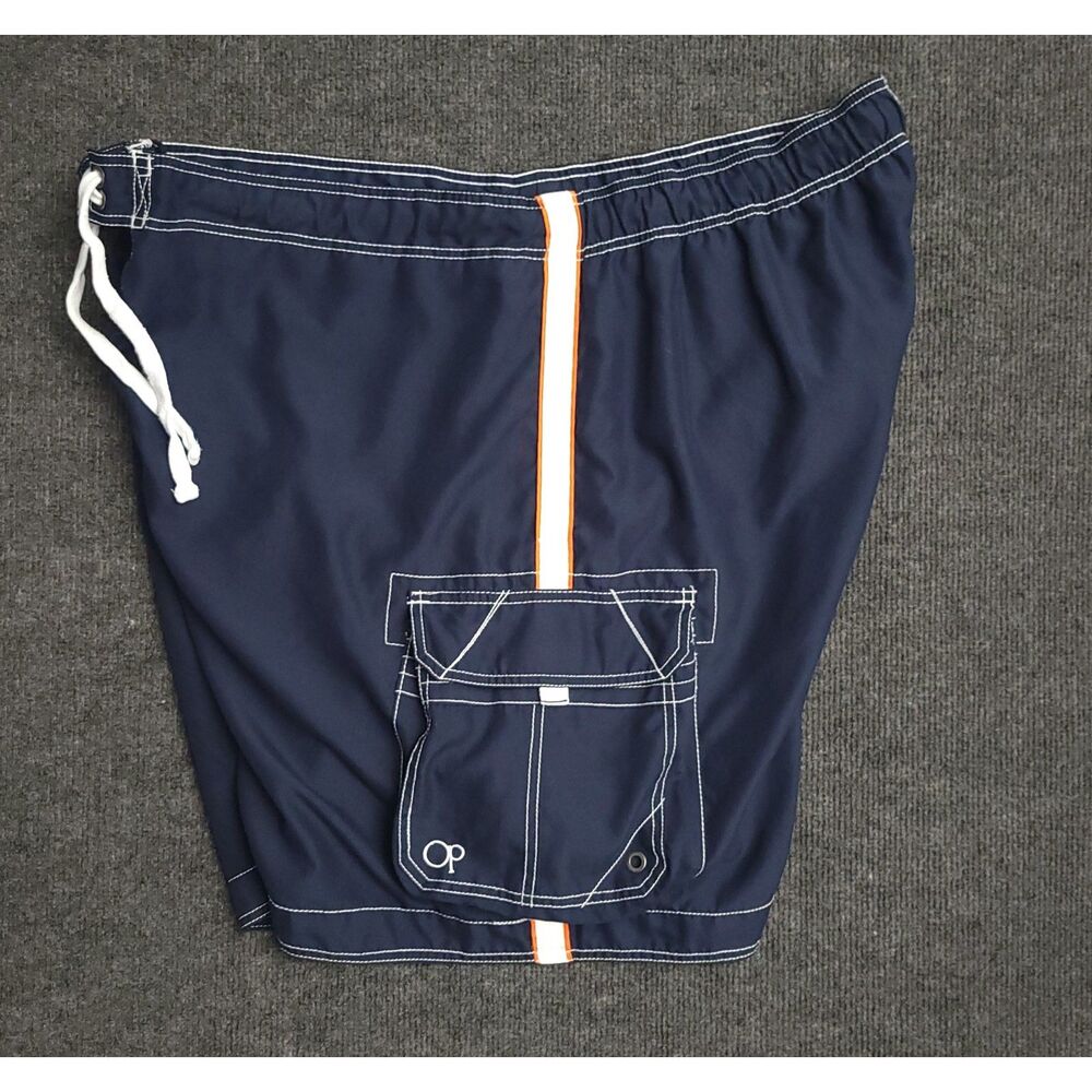 Ocean Pacific Mens Cargo Swim Trunks 3XL Dark Navy White Orange Side Stitch